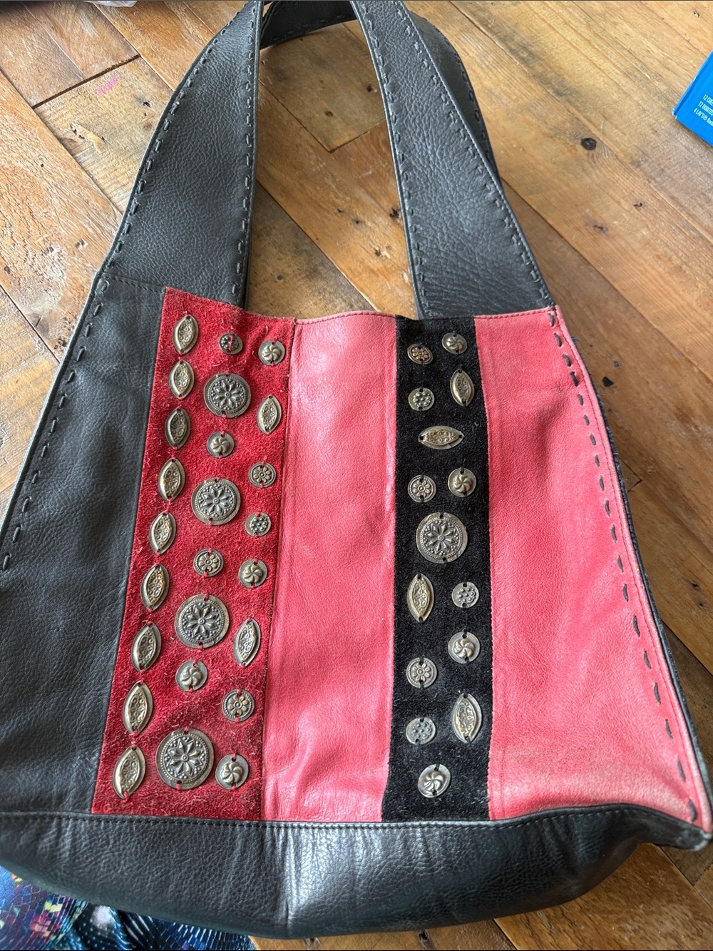 Chico’s Studded Two-Tone Leather Shoulder Bag in Red and Black
